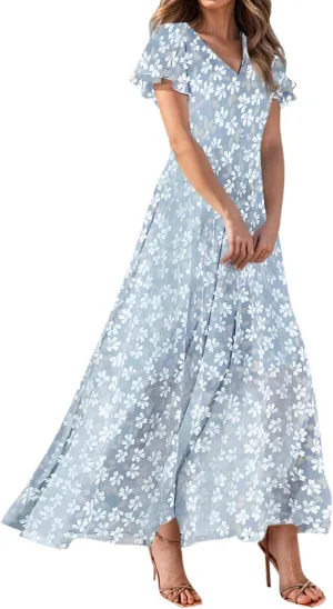 Maxi Dresses for Women Summer Highwaisted Prom Dress Floral Chiffon Flutter Sleeve Boho Dress Vneck Tea Party Dresses