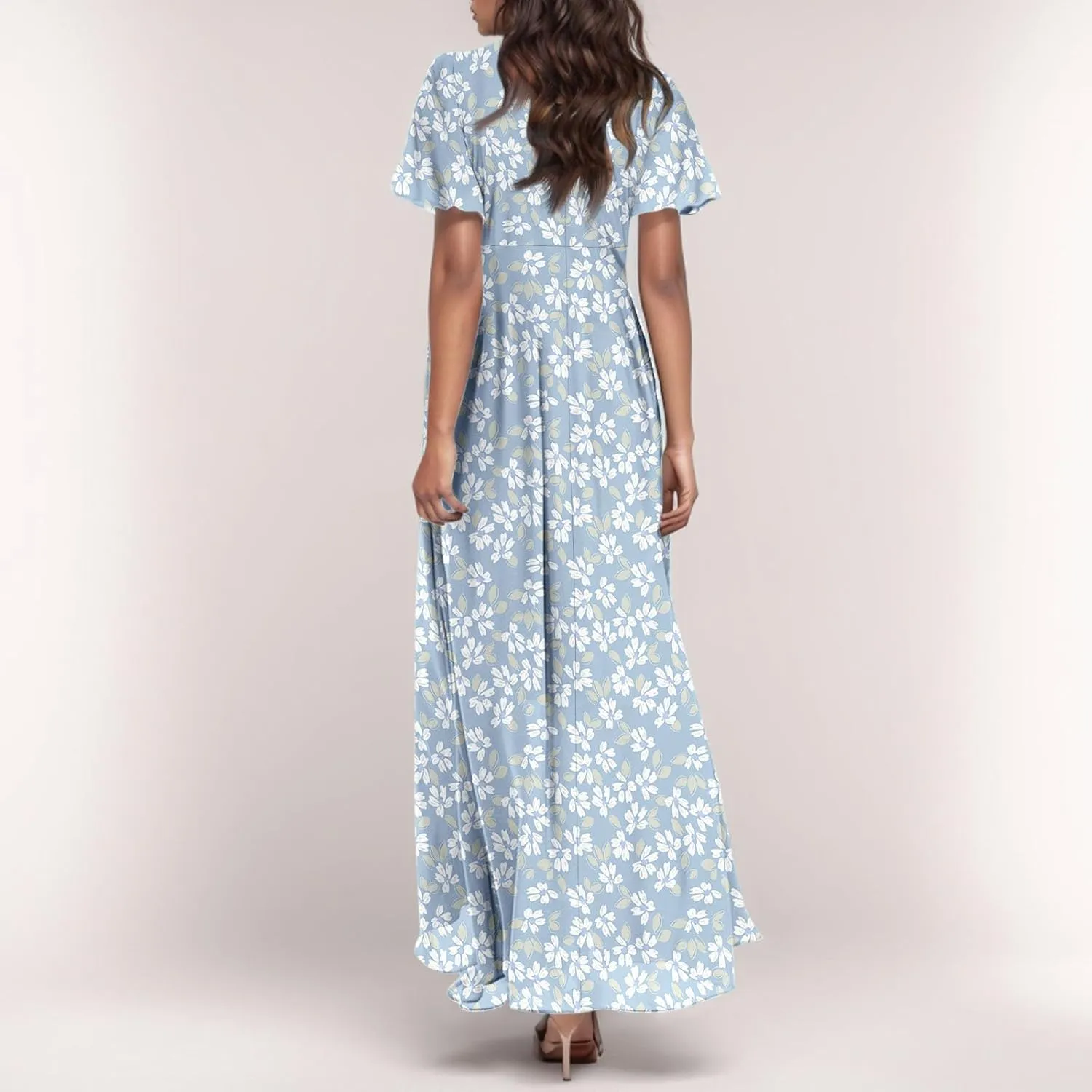 Maxi Dresses for Women Summer Highwaisted Prom Dress Floral Chiffon Flutter Sleeve Boho Dress Vneck Tea Party Dresses