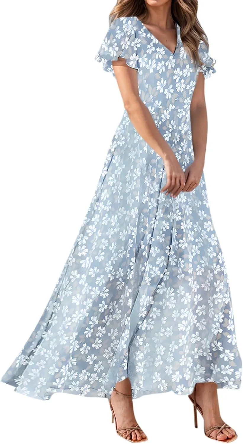 Maxi Dresses for Women Summer Highwaisted Prom Dress Floral Chiffon Flutter Sleeve Boho Dress Vneck Tea Party Dresses