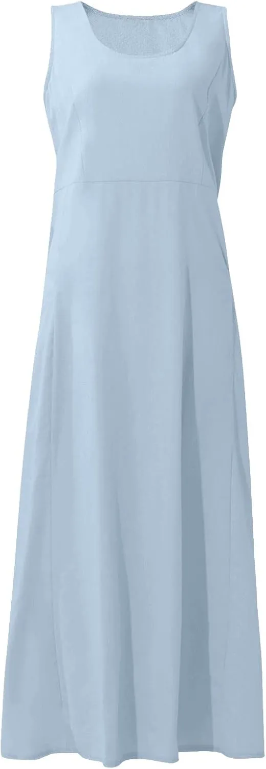 Maxi Floral Dress for Women Plus Size Vacation Scoop Neck Beach Dress with Pockets Long Comfy Flowy Sleeveless Sundress