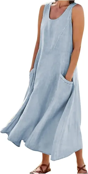 Maxi Floral Dress for Women Plus Size Vacation Scoop Neck Beach Dress with Pockets Long Comfy Flowy Sleeveless Sundress