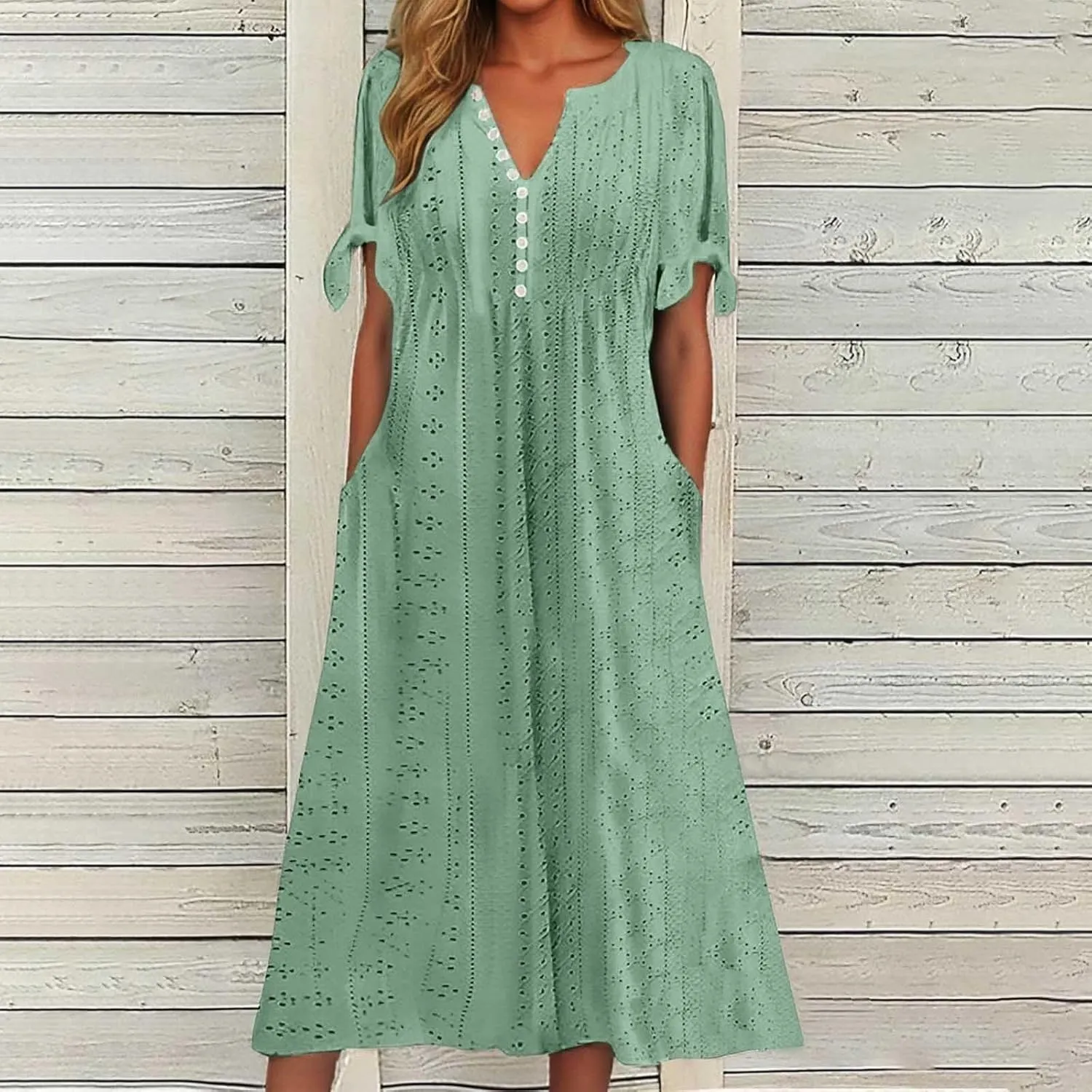 Maxi Long Dresses for Women 2025 Summer Casual V Neck Short Sleeve Eyelet Tshirt Dress Boho A Line Beach Vacation Sundress