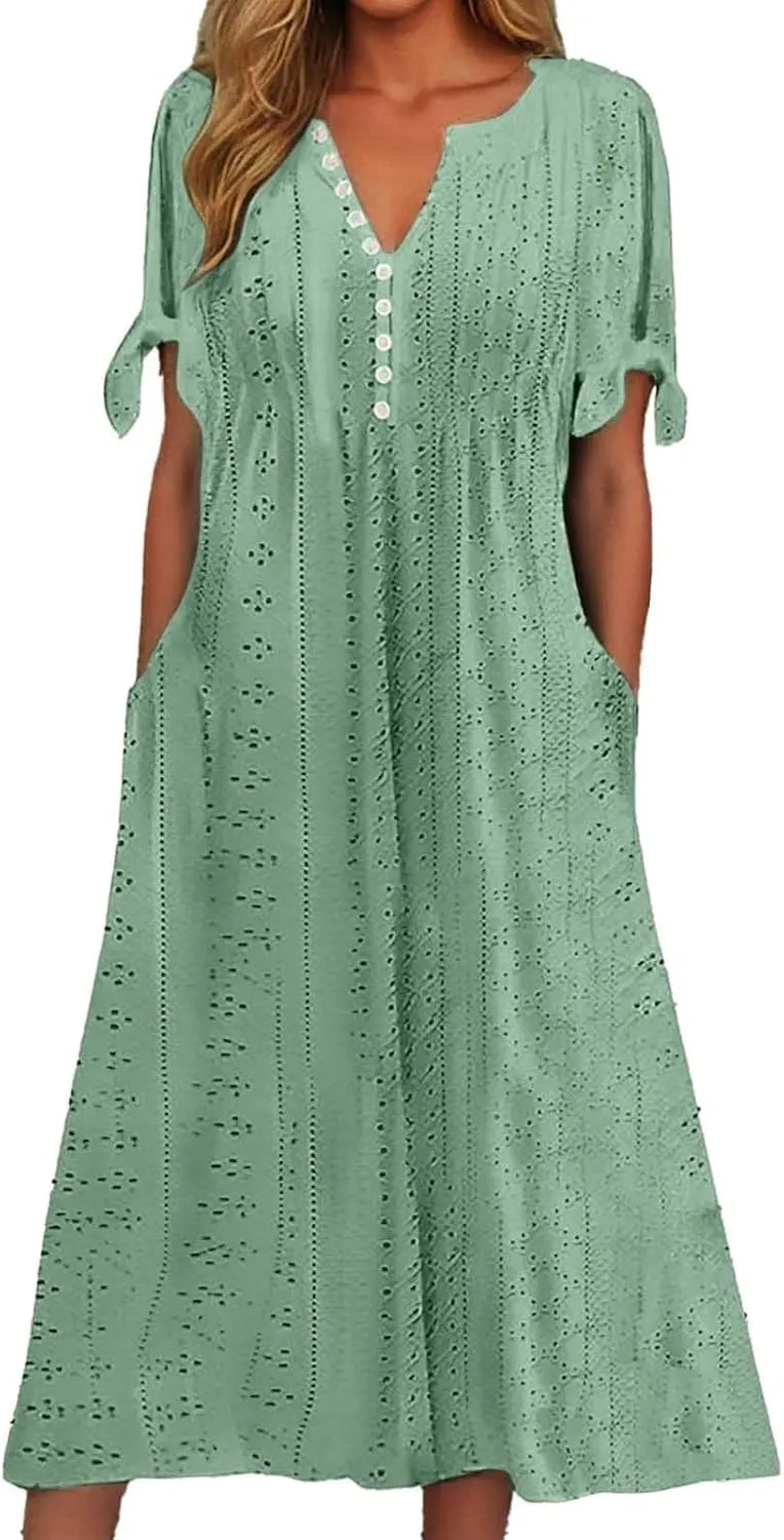 Maxi Long Dresses for Women 2025 Summer Casual V Neck Short Sleeve Eyelet Tshirt Dress Boho A Line Beach Vacation Sundress