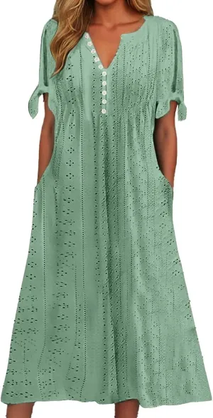 Maxi Long Dresses for Women 2025 Summer Casual V Neck Short Sleeve Eyelet Tshirt Dress Boho A Line Beach Vacation Sundress