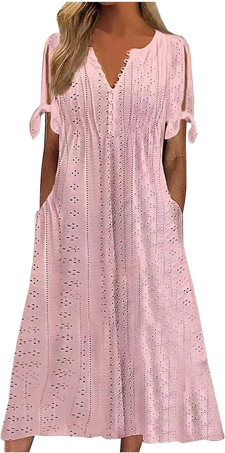 Maxi Long Dresses for Women 2025 Trendy Eyelet Dress Short Sleeve Tshirt Dress Casual Summer Beach Vacation Sundress