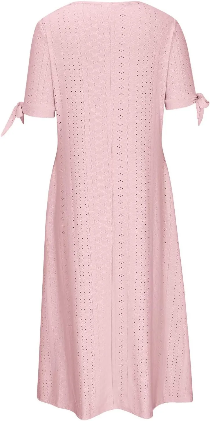 Maxi Long Dresses for Women 2025 Trendy Eyelet Dress Short Sleeve Tshirt Dress Casual Summer Beach Vacation Sundress