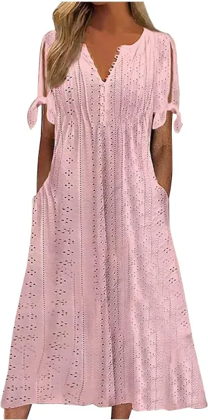 Maxi Long Dresses for Women 2025 Trendy Eyelet Dress Short Sleeve Tshirt Dress Casual Summer Beach Vacation Sundress