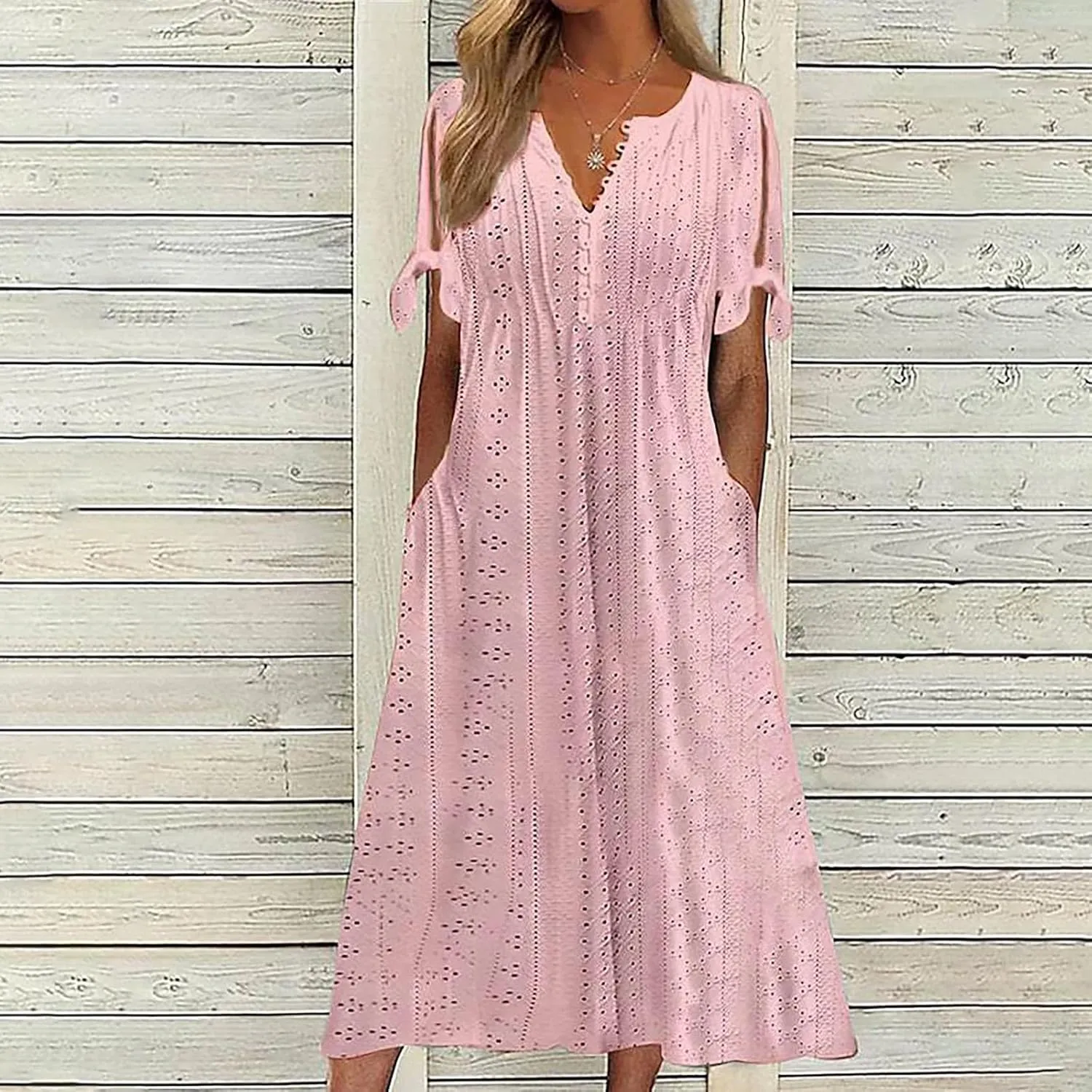 Maxi Long Dresses for Women 2025 Trendy Eyelet Dress Short Sleeve Tshirt Dress Casual Summer Beach Vacation Sundress
