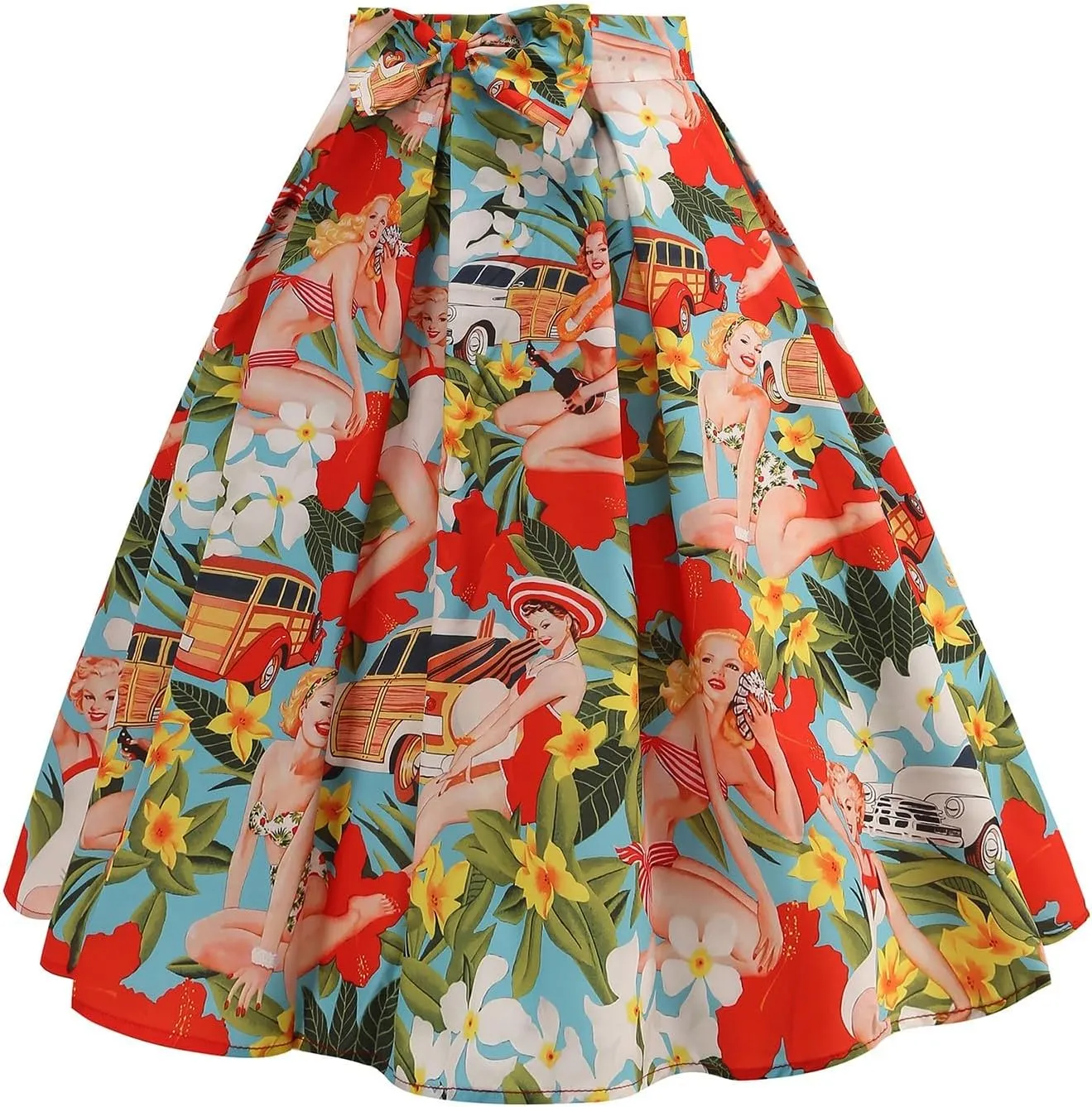 Maxi Skirt Women Women's Fashion Cute and Sweet Print with Bow Waist Full Hem Skirt