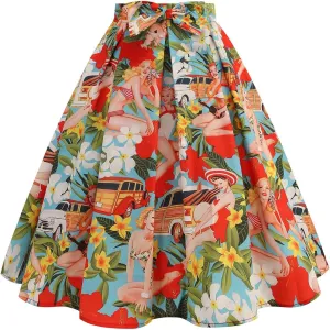 Maxi Skirt Women Women's Fashion Cute and Sweet Print with Bow Waist Full Hem Skirt