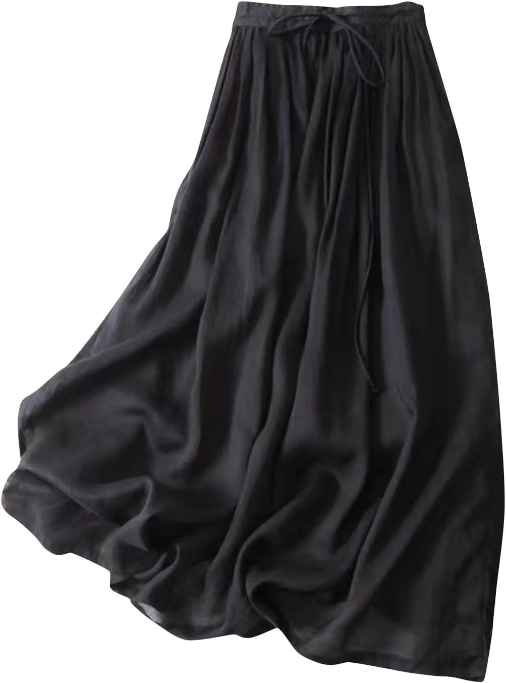 Maxi Skirts for Women Summer Drawstring High Elastic Waist Pleated A Line Skorts Solid Holiday Cotton Linen Skirt