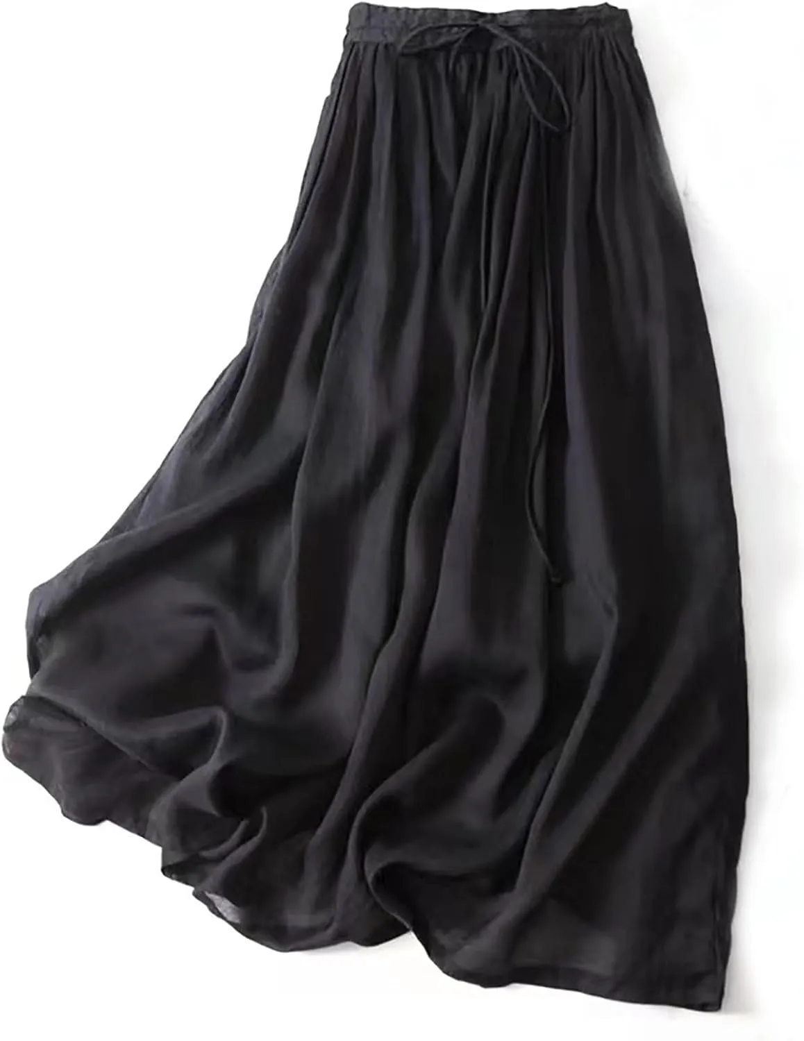 Maxi Skirts for Women Summer Drawstring High Elastic Waist Pleated A Line Skorts Solid Holiday Cotton Linen Skirt
