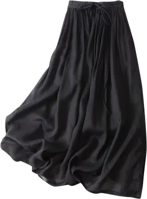 Maxi Skirts for Women Summer Drawstring High Elastic Waist Pleated A Line Skorts Solid Holiday Cotton Linen Skirt