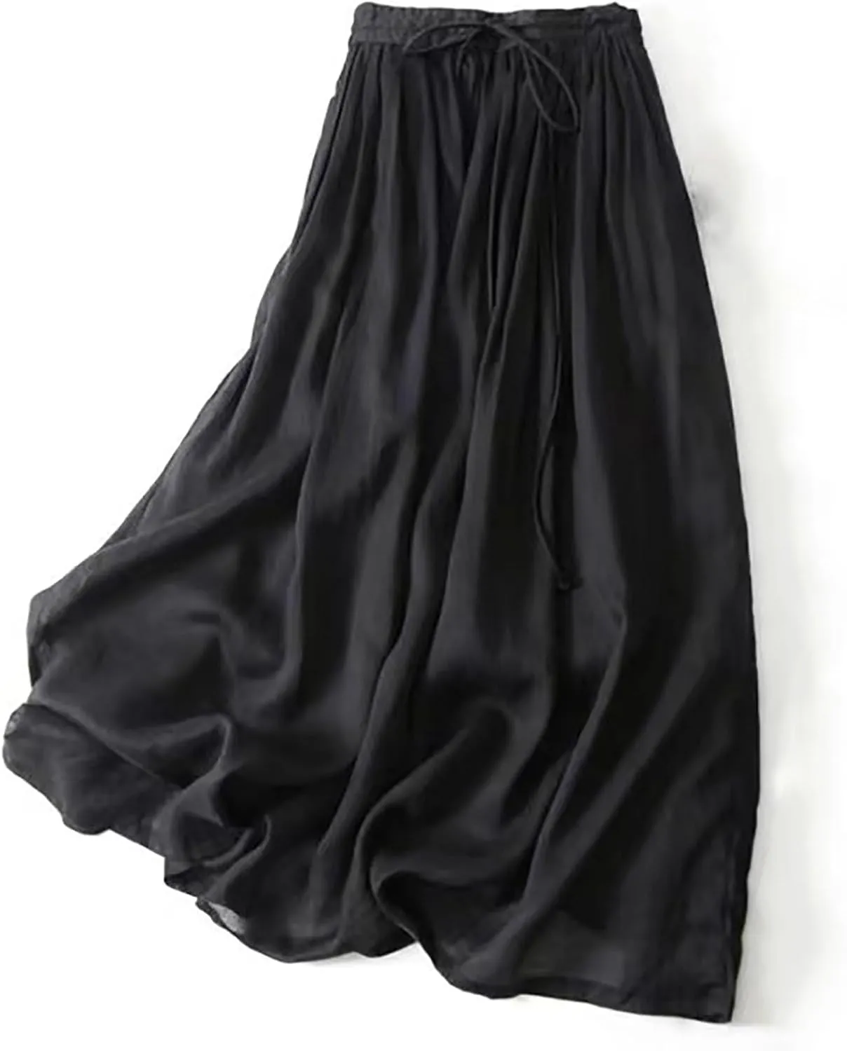 Maxi Skirts for Women Summer Drawstring High Elastic Waist Pleated A Line Skorts Solid Holiday Cotton Linen Skirt
