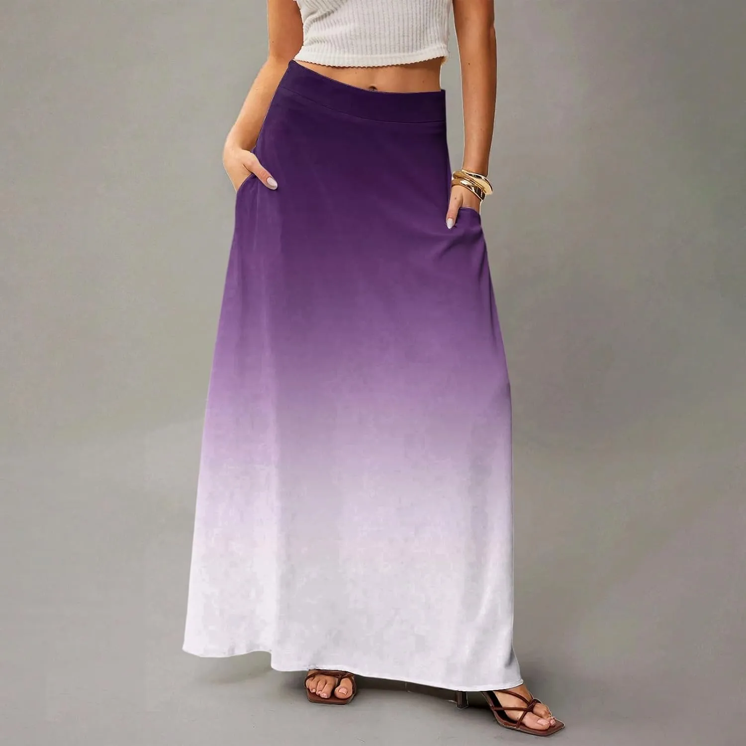 Maxi Skirts for Women Summer Floral Boho Elastic High Waist Tropical Skirts Pleated A-Line Flowy Swing Long Skirt
