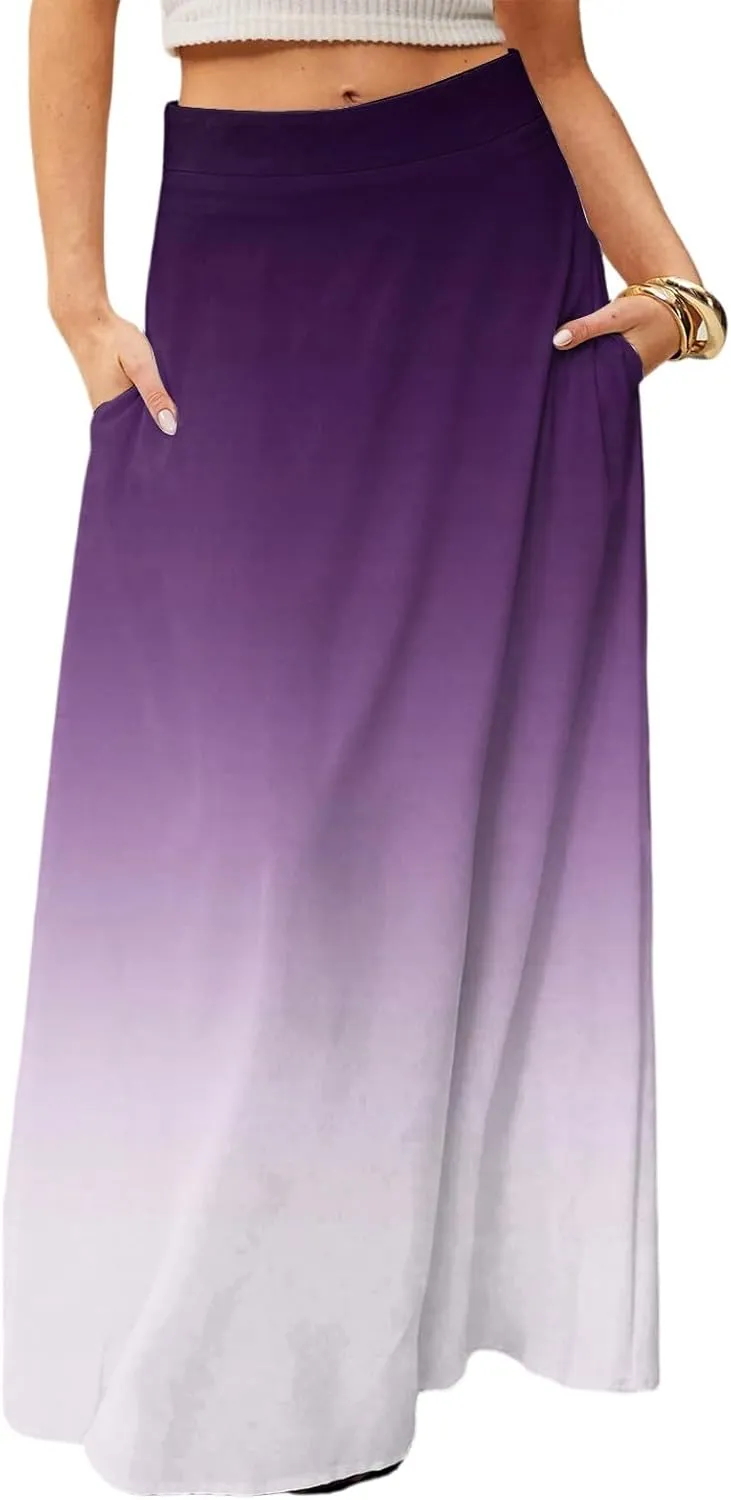 Maxi Skirts for Women Summer Floral Boho Elastic High Waist Tropical Skirts Pleated A-Line Flowy Swing Long Skirt