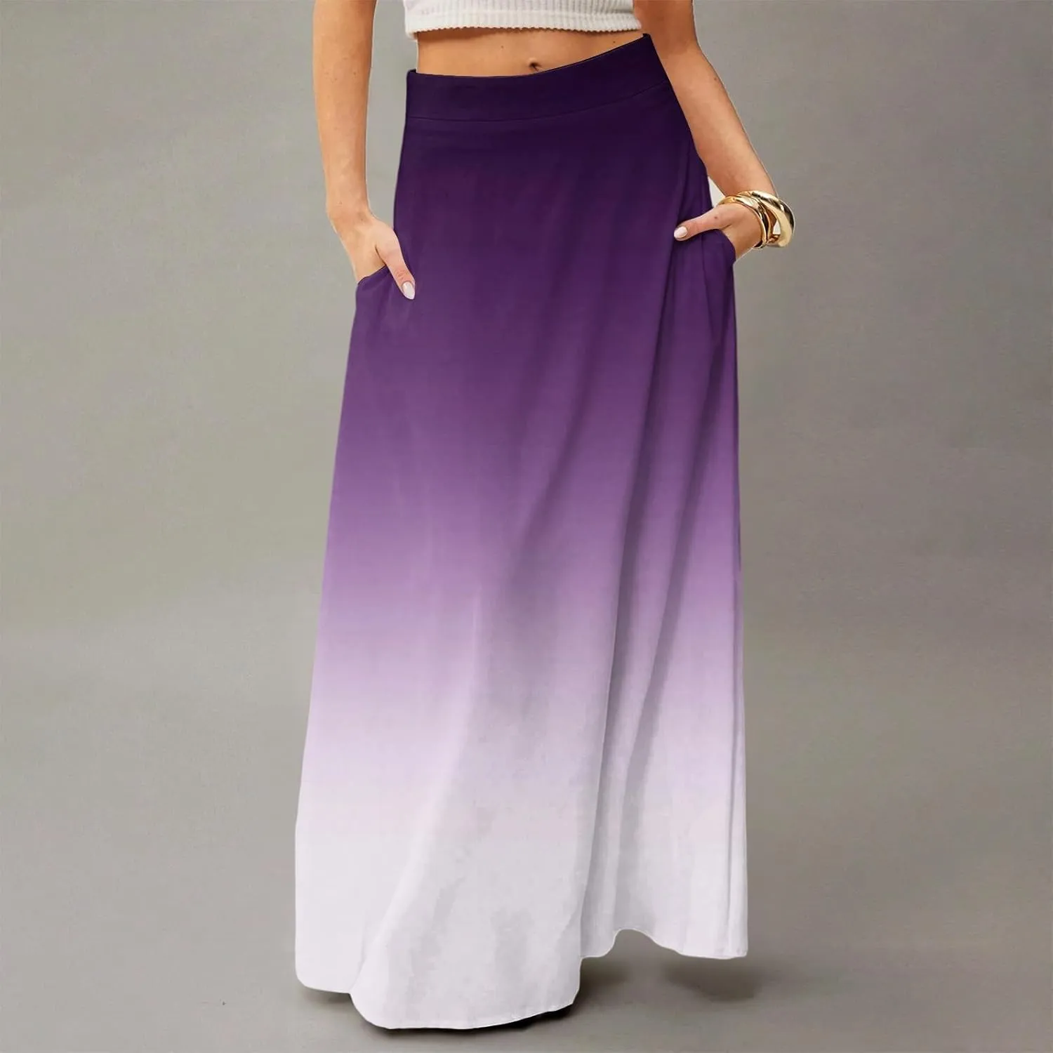 Maxi Skirts for Women Summer Floral Boho Elastic High Waist Tropical Skirts Pleated A-Line Flowy Swing Long Skirt