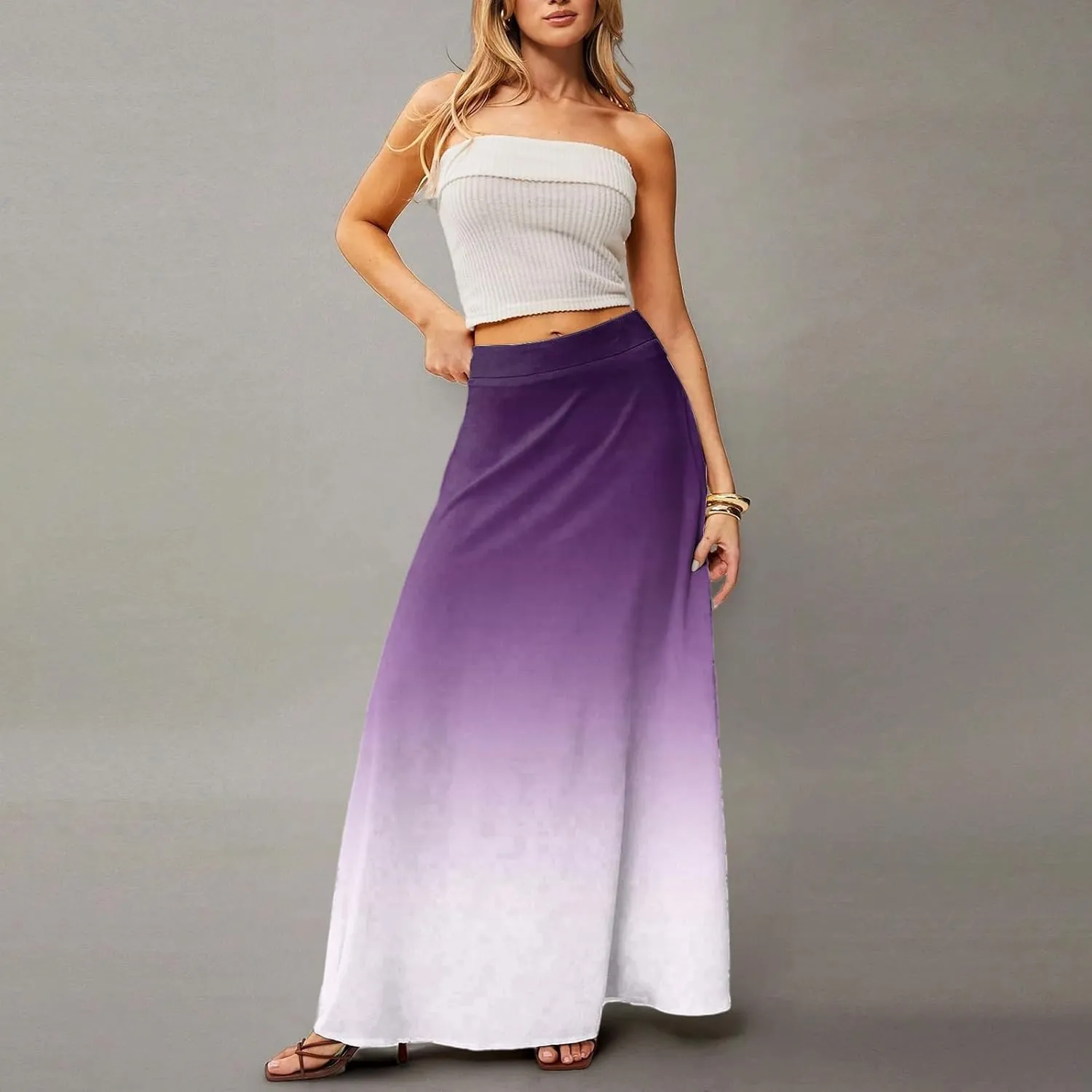 Maxi Skirts for Women Summer Floral Boho Elastic High Waist Tropical Skirts Pleated A-Line Flowy Swing Long Skirt