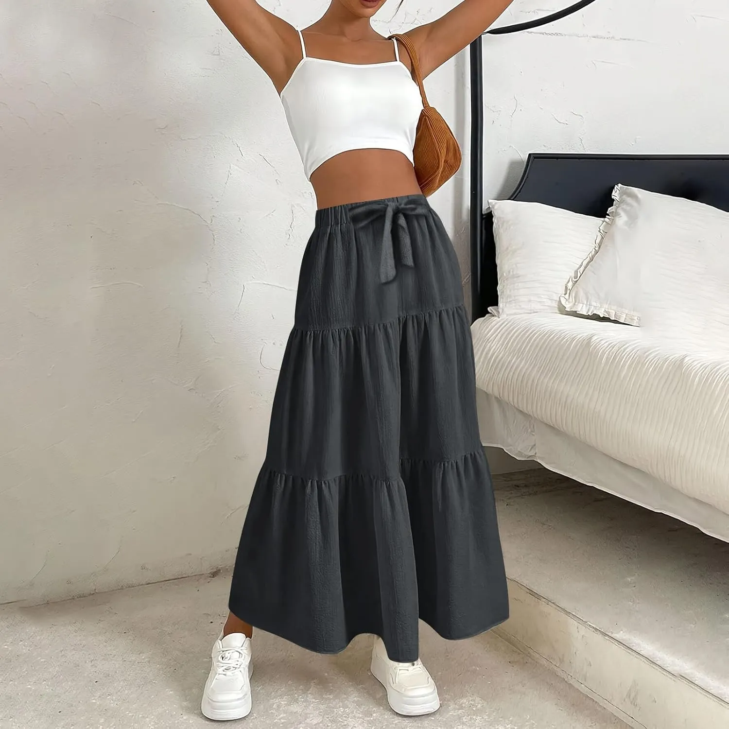 Maxi Skirts for Women Trendy High Waisted Flowy Tiered Linen Skirt Casual Pleated A-Line Beach Long Skirts with Tie