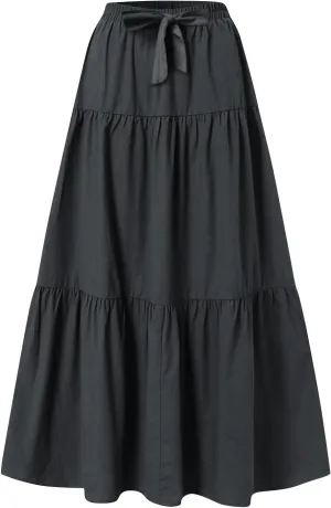 Maxi Skirts for Women Trendy High Waisted Flowy Tiered Linen Skirt Casual Pleated A-Line Beach Long Skirts with Tie