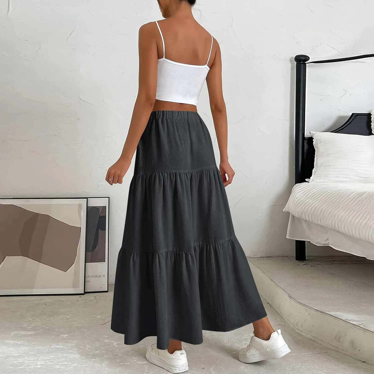 Maxi Skirts for Women Trendy High Waisted Flowy Tiered Linen Skirt Casual Pleated A-Line Beach Long Skirts with Tie