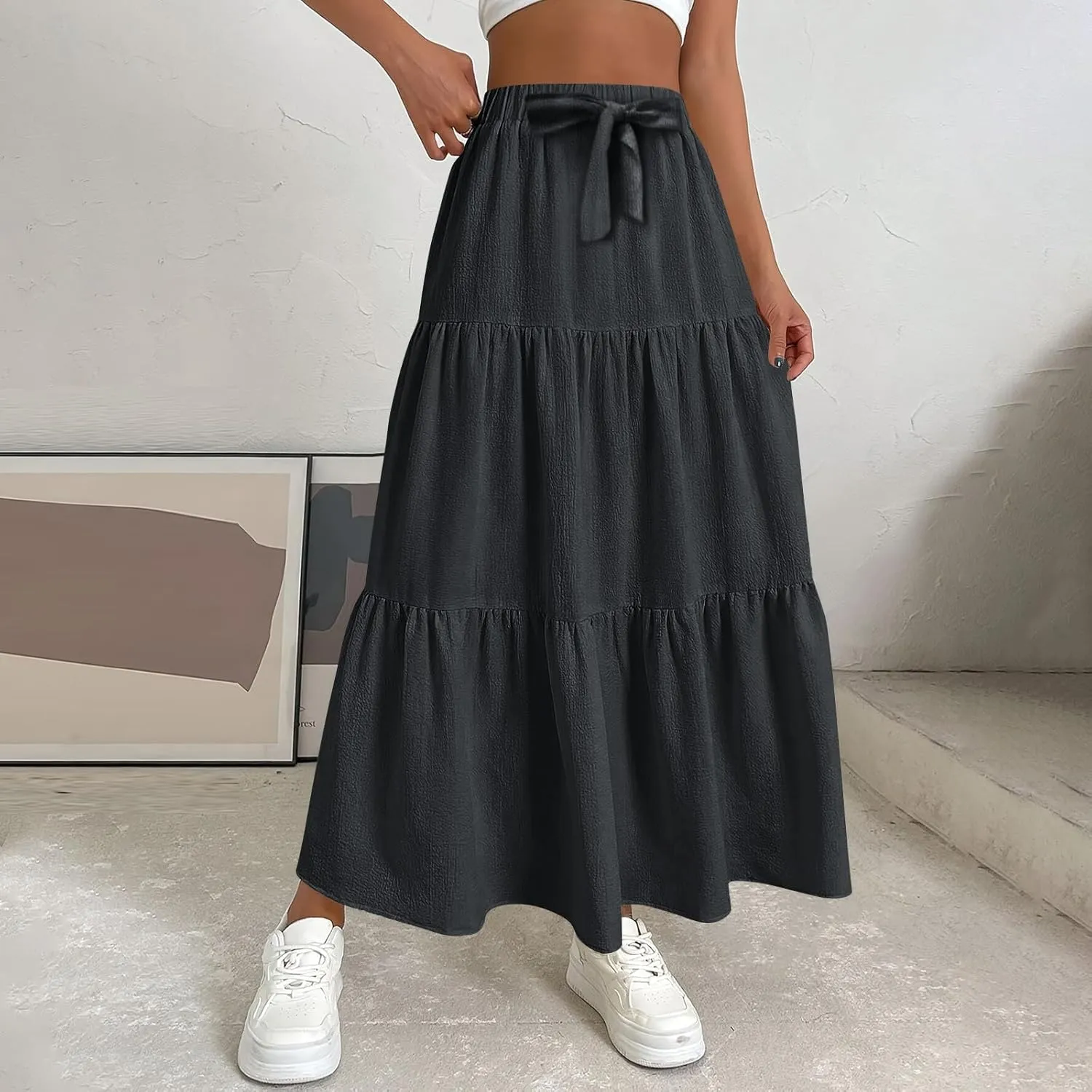 Maxi Skirts for Women Trendy High Waisted Flowy Tiered Linen Skirt Casual Pleated A-Line Beach Long Skirts with Tie
