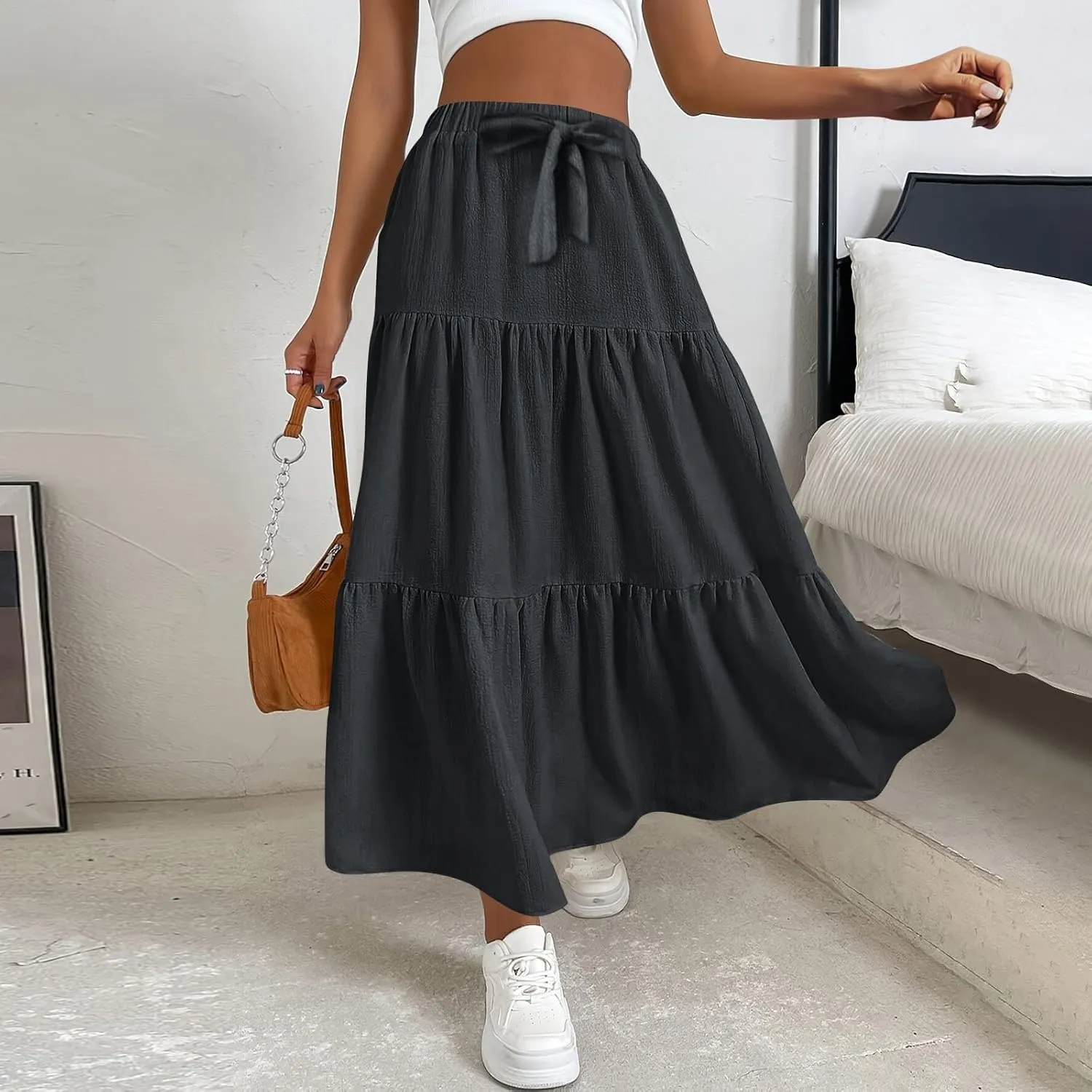Maxi Skirts for Women Trendy High Waisted Flowy Tiered Linen Skirt Casual Pleated A-Line Beach Long Skirts with Tie