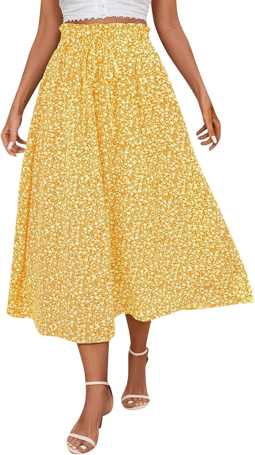 Maxi Skirts for Women Trendy Lightweight Linen Floral Skirt Casual Drawstring High Waisted Flowy Skirt with Pockets