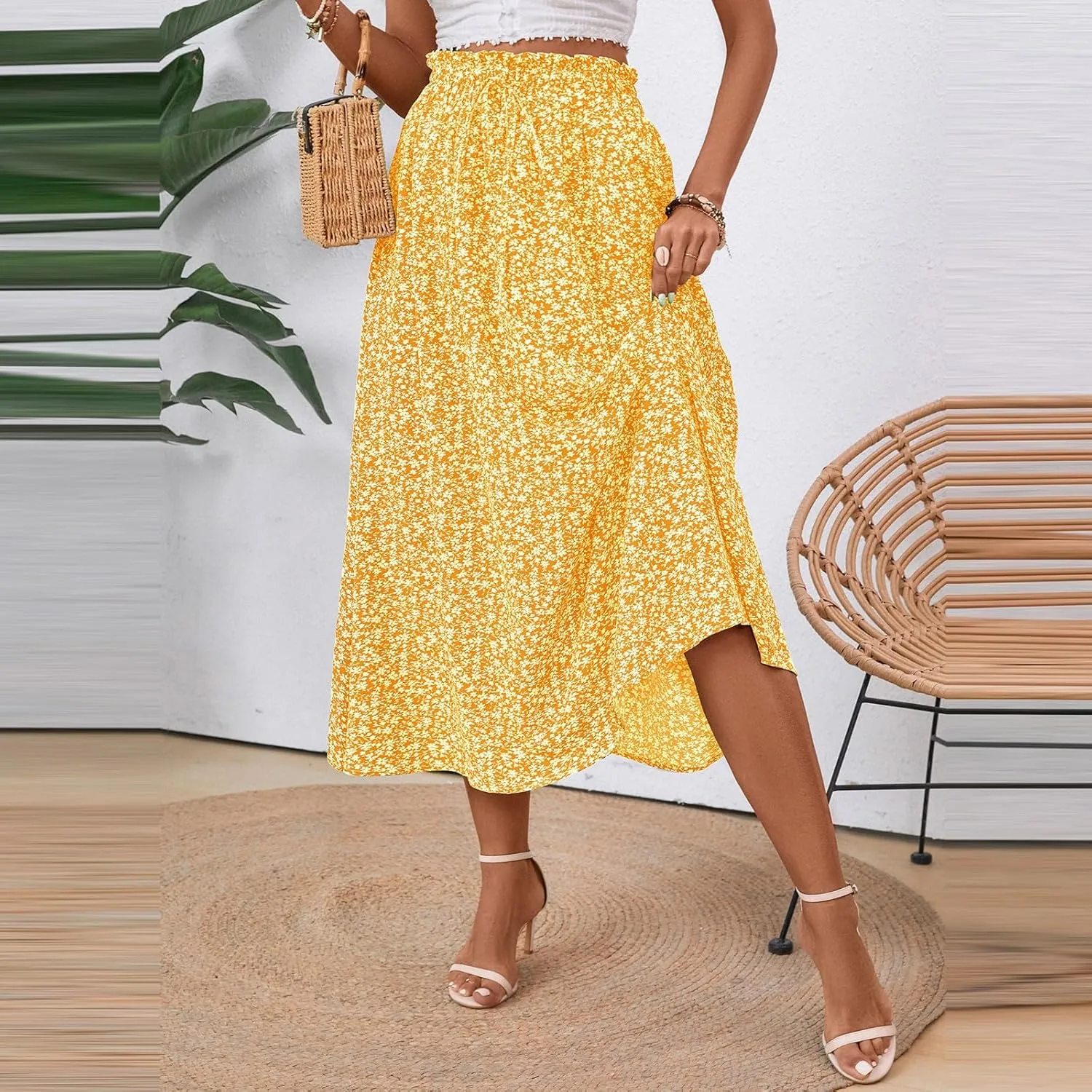 Maxi Skirts for Women Trendy Lightweight Linen Floral Skirt Casual Drawstring High Waisted Flowy Skirt with Pockets
