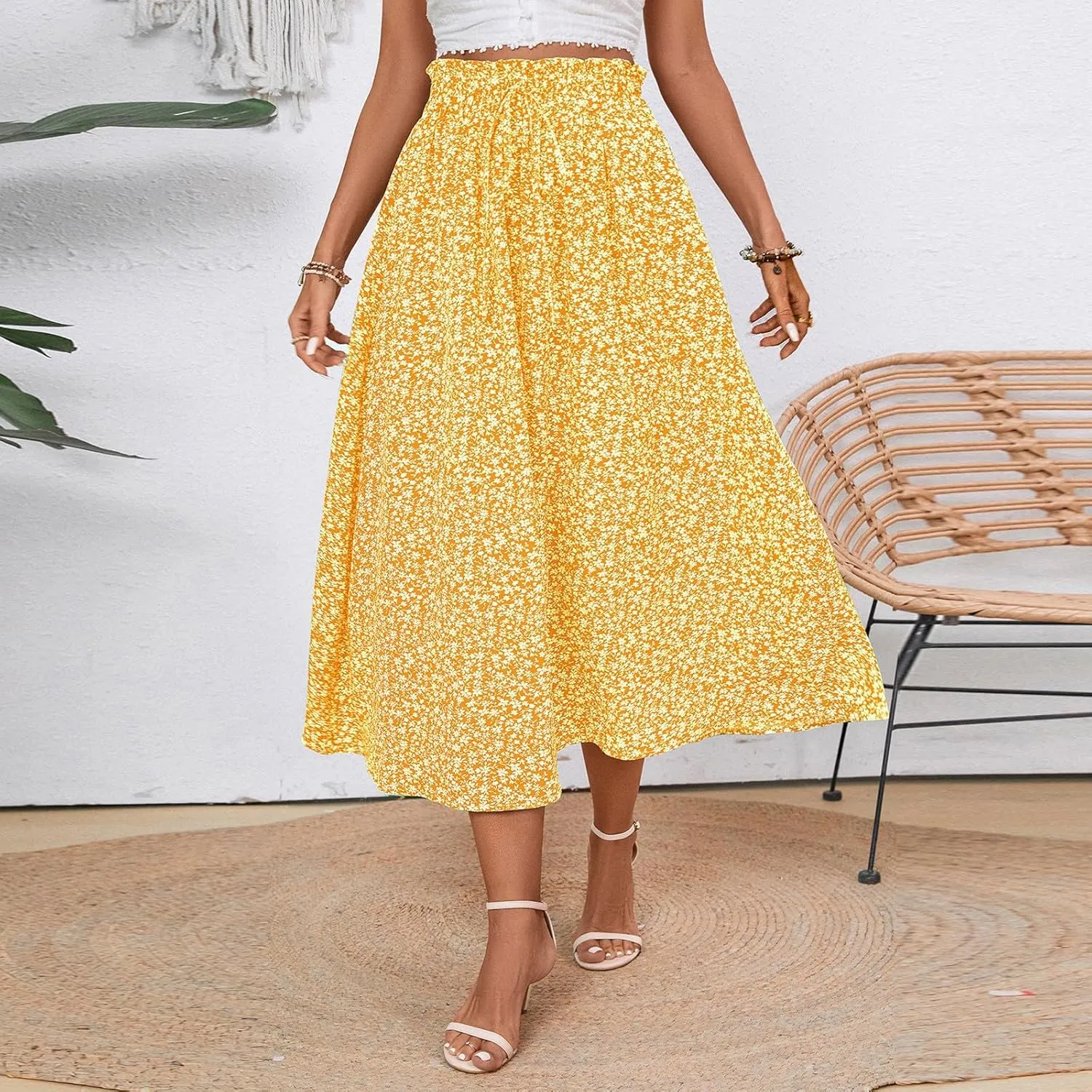 Maxi Skirts for Women Trendy Lightweight Linen Floral Skirt Casual Drawstring High Waisted Flowy Skirt with Pockets