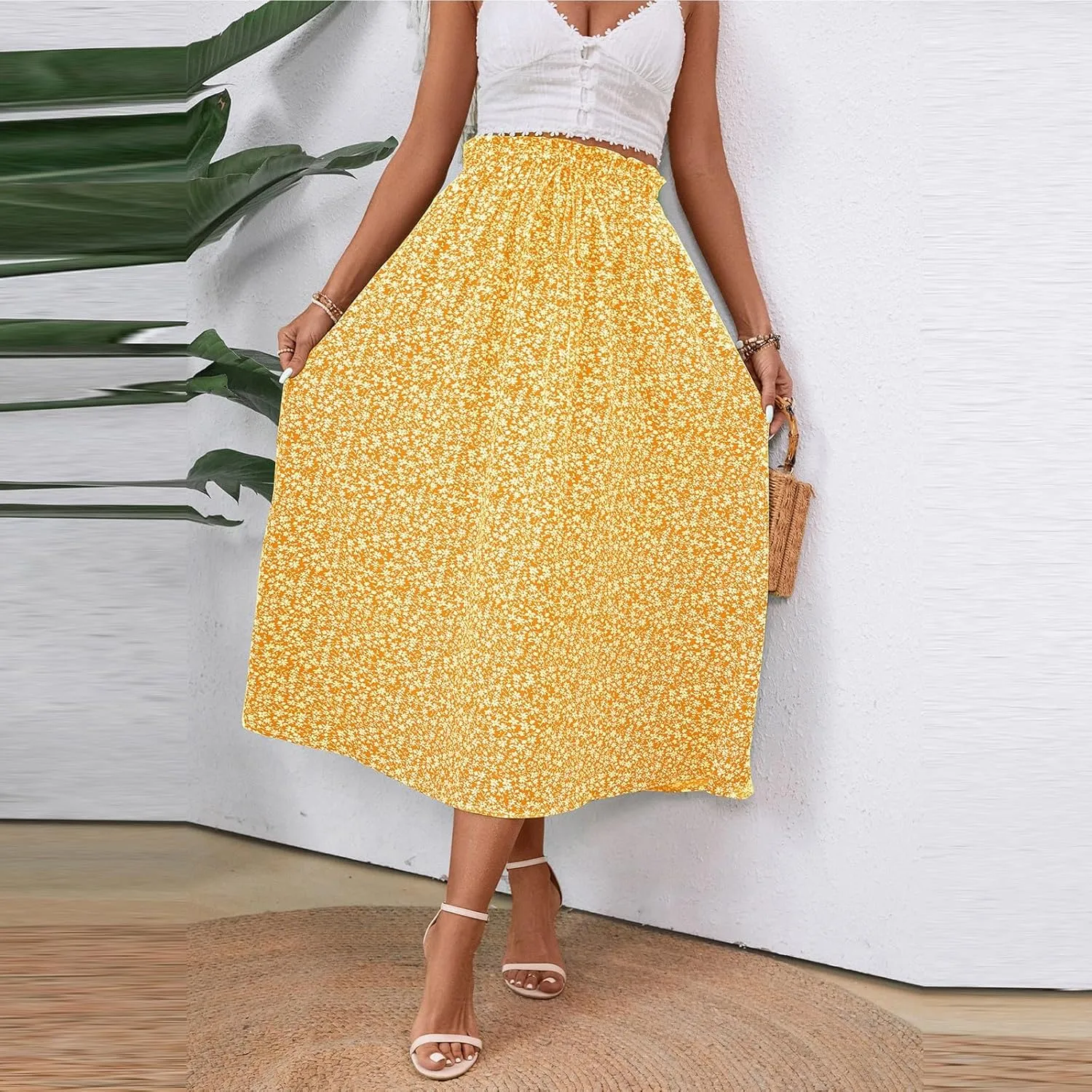 Maxi Skirts for Women Trendy Lightweight Linen Floral Skirt Casual Drawstring High Waisted Flowy Skirt with Pockets