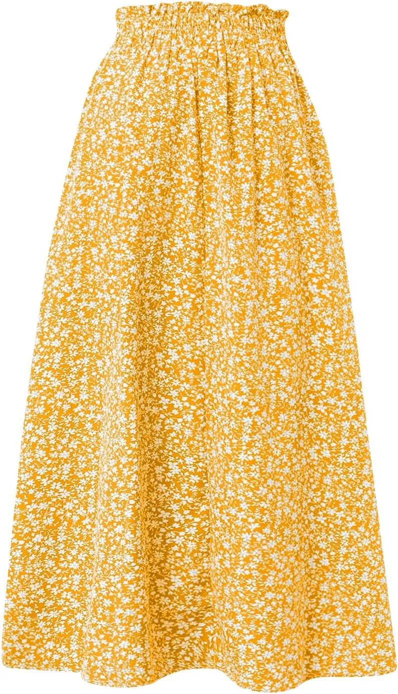 Maxi Skirts for Women Trendy Lightweight Linen Floral Skirt Casual Drawstring High Waisted Flowy Skirt with Pockets