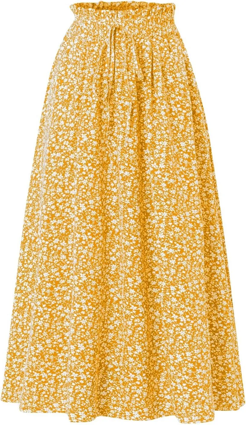 Maxi Skirts for Women Trendy Lightweight Linen Floral Skirt Casual Drawstring High Waisted Flowy Skirt with Pockets