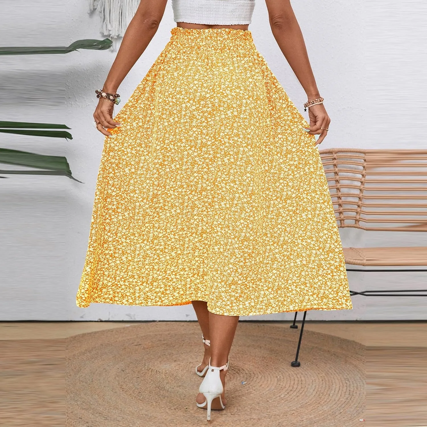 Maxi Skirts for Women Trendy Lightweight Linen Floral Skirt Casual Drawstring High Waisted Flowy Skirt with Pockets