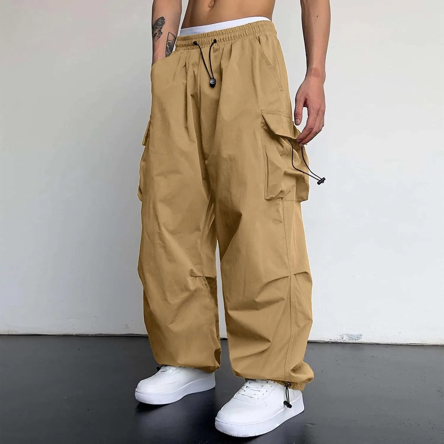 Men's Baggy Cargo Pants Casual Parachute Pants Cotton Elasticated Loose Fit Streetwear Multi Pockets