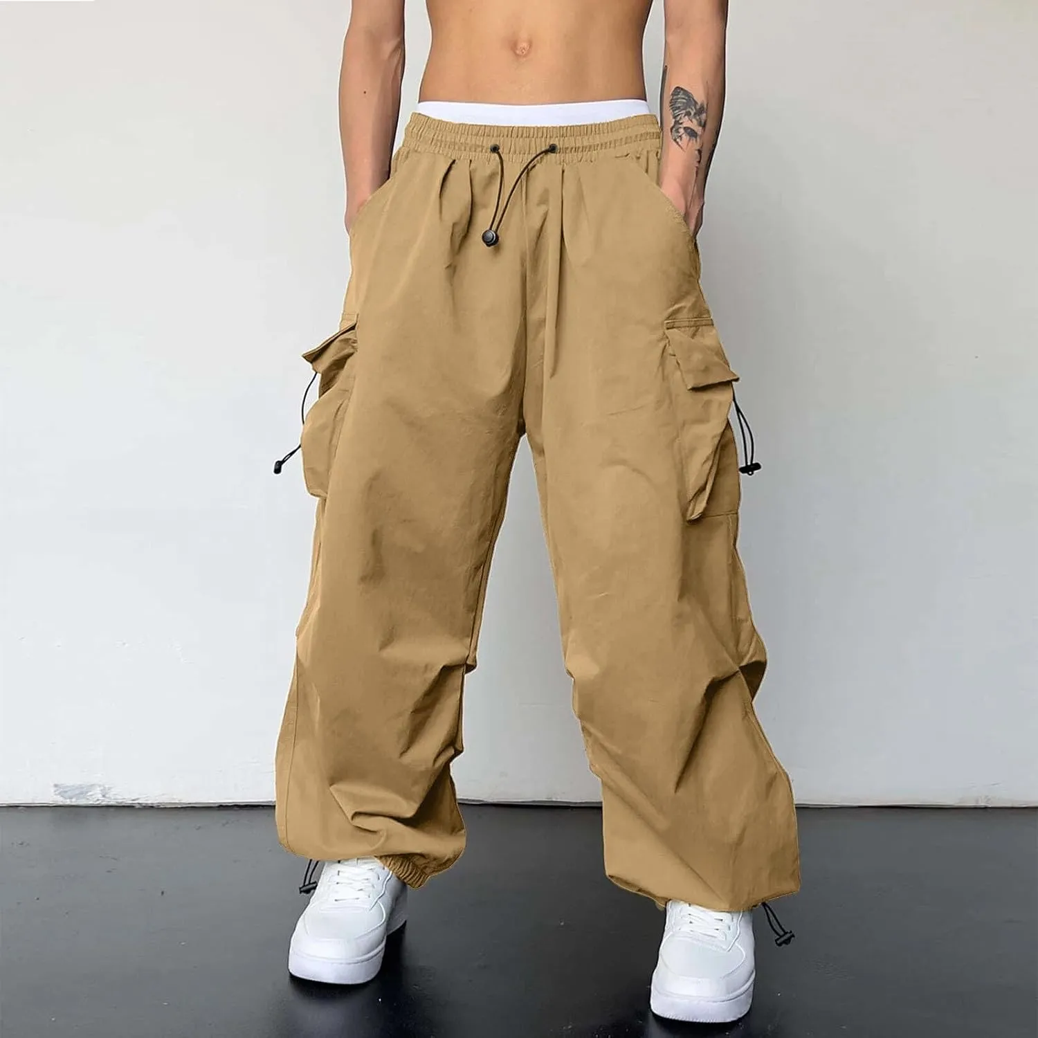 Men's Baggy Cargo Pants Casual Parachute Pants Cotton Elasticated Loose Fit Streetwear Multi Pockets