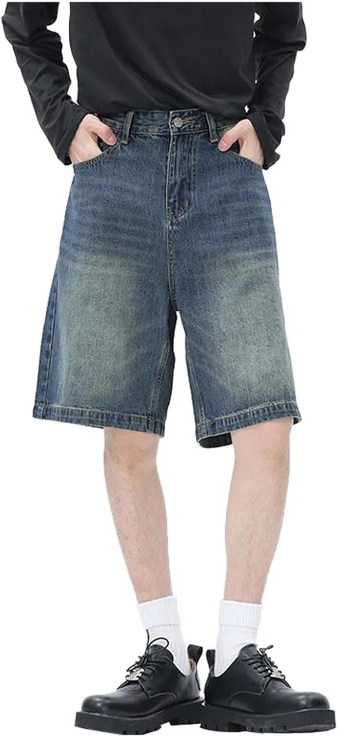 Mens Baggy Denim Jorts Y2K Vintage Loose Hip Hop Jean Shorts Wide Leg Mid Jeans Streetwear Clothes