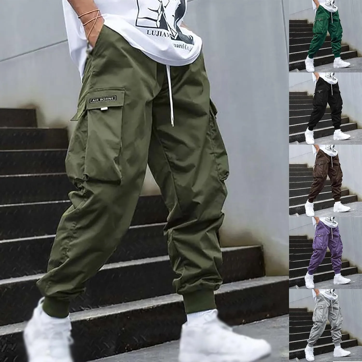 Mens Casual Cargo Pants Drawstring Elastic Waist Flap Pocket Letter Graphic Street Lightweigh Jogger Pants