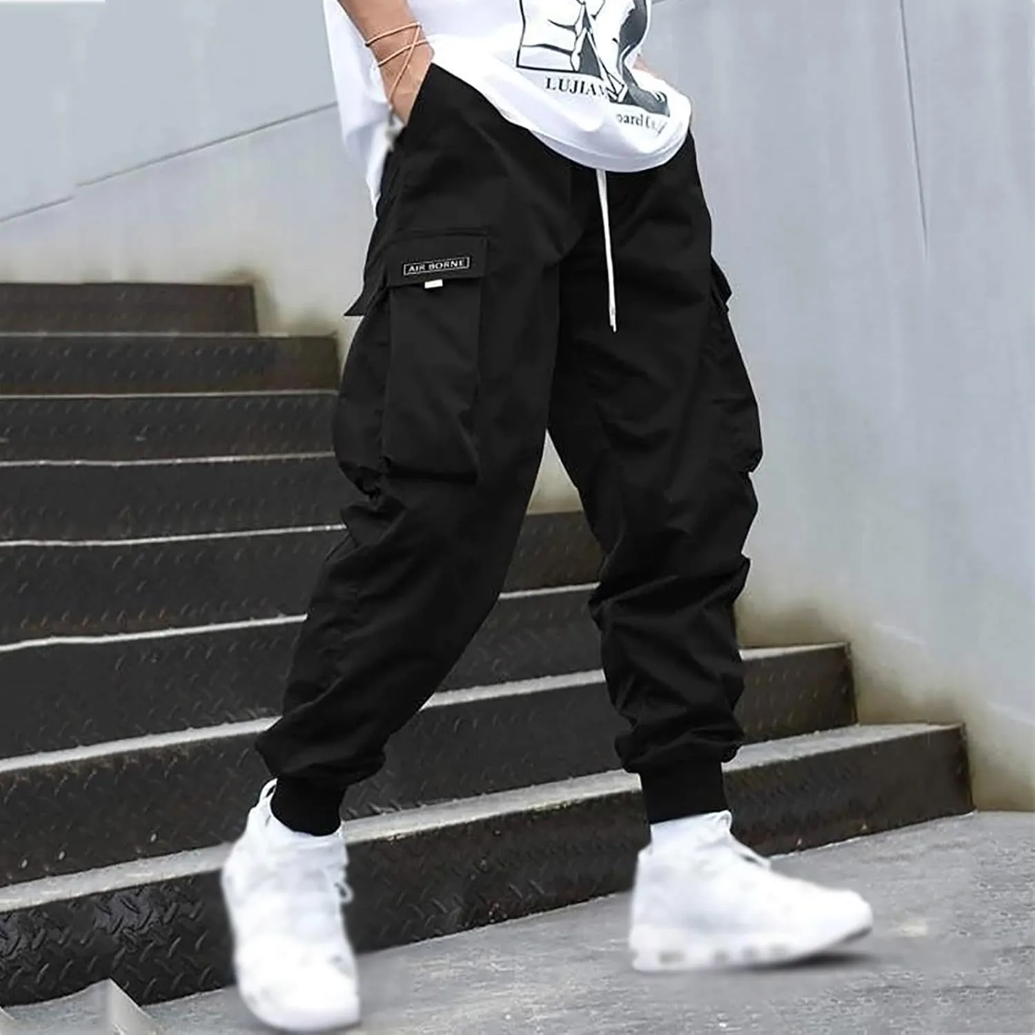 Mens Casual Cargo Pants Drawstring Elastic Waist Flap Pocket Letter Graphic Street Lightweigh Jogger Pants