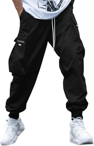 Mens Casual Cargo Pants Drawstring Elastic Waist Flap Pocket Letter Graphic Street Lightweigh Jogger Pants