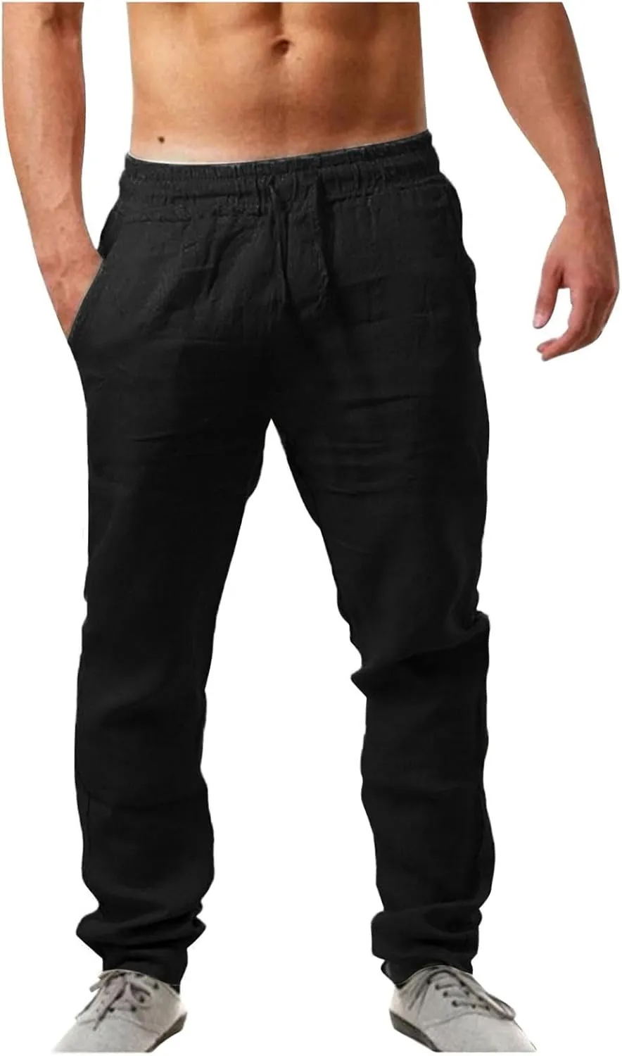 Mens Casual Cotton Linen Pants, Loose Fit Elastic Drawstring Waist Straight-Legs Summer Yoga Beach Long Pants