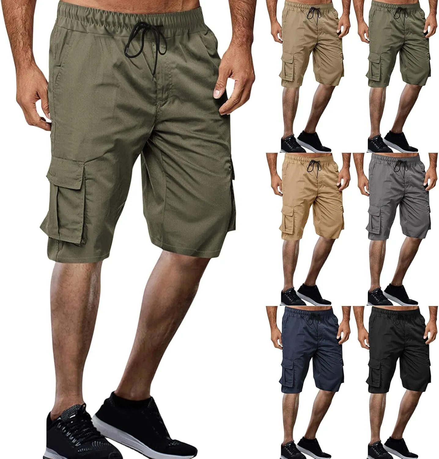 Mens Casual Fashion Cargo Pants Capris Expandable Waisted Drawstring Shorts Multi-Pockets Hiking Fishing Combat Cropped Pants