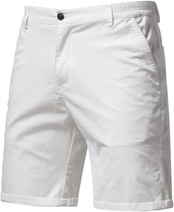 Men's Cotton Chino Shorts, Relaxed Fit, Straight Leg, Zippered Front, Button Closure, 2 Side Pockets, 2 Back Pockets