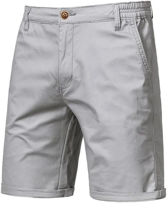 Men's Cotton Chino Shorts, Relaxed Fit, Straight Leg, Zippered Front, Button Closure, 2 Side Pockets, 2 Back Pockets