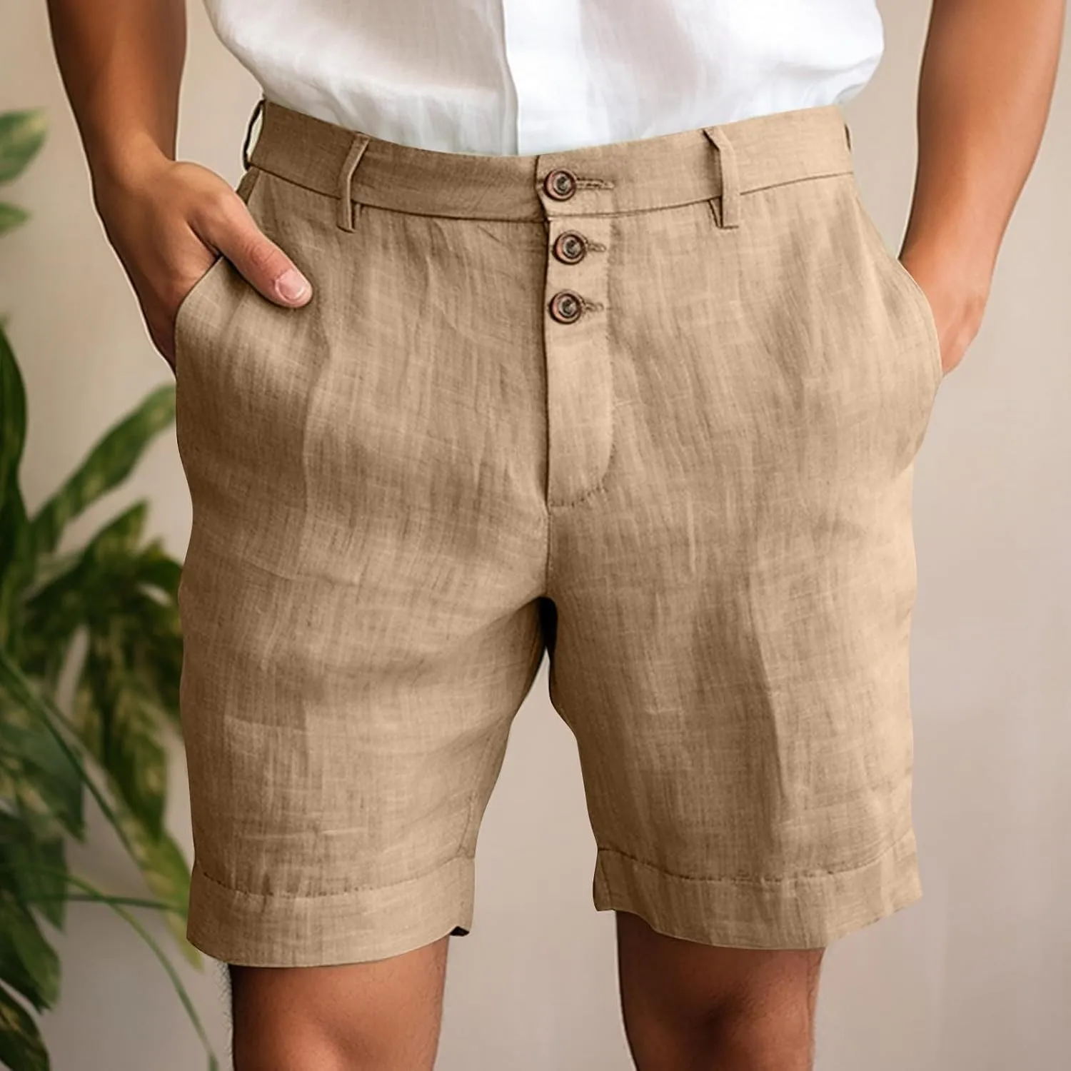 Mens Cotton Linen Flat Front Shorts Business Casual Dress Pants Button Up Closure Elastic Waist Summer Beach Slim Fit Shorts