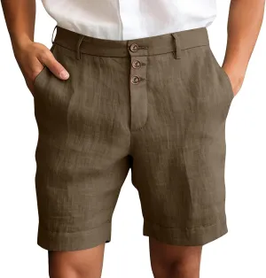 Mens Cotton Linen Flat Front Shorts Business Casual Dress Pants Button Up Closure Elastic Waist Summer Beach Slim Fit Shorts