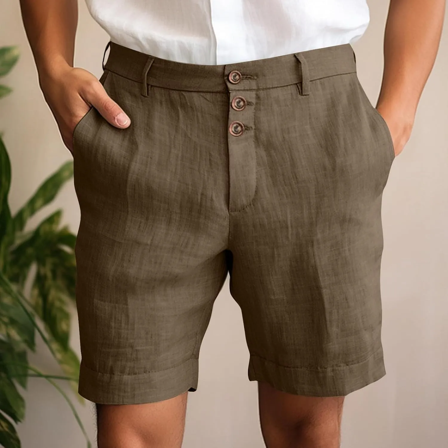 Mens Cotton Linen Flat Front Shorts Business Casual Dress Pants Button Up Closure Elastic Waist Summer Beach Slim Fit Shorts