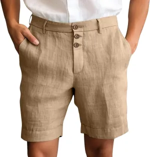 Mens Cotton Linen Flat Front Shorts Business Casual Dress Pants Button Up Closure Elastic Waist Summer Beach Slim Fit Shorts