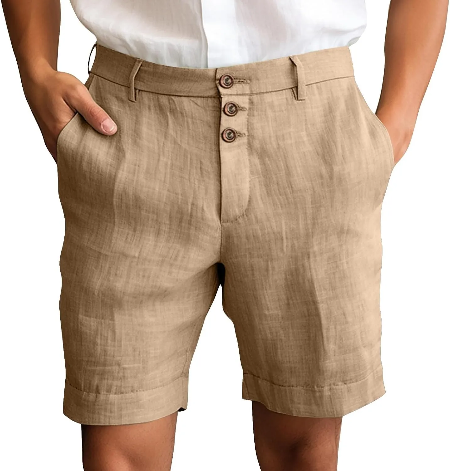 Mens Cotton Linen Flat Front Shorts Business Casual Dress Pants Button Up Closure Elastic Waist Summer Beach Slim Fit Shorts