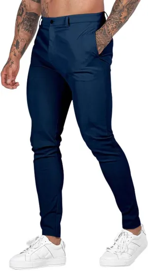 Mens Fashion Slim Fit Golf Dress Pants Casual Business Skinny Stretch Flat-Front Tapered Leg Chino Expandable Waist Suit Pant